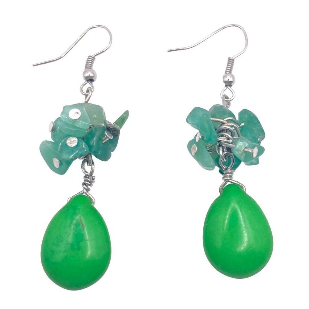 Natural green stone dangle hook earrings